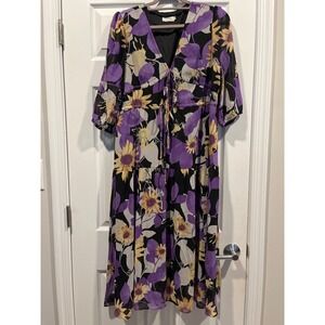 KorMei Floral Midi Dress Purple Yellow Sunflower V-Neck Tiered Boho Chiffon L